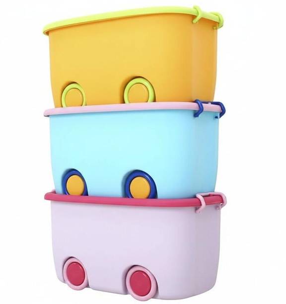 VishwasPoly Plastic 25L Kids Toy Storage Box with Wheels & Lid Stackable Organizer (Multicolor) Storage Basket