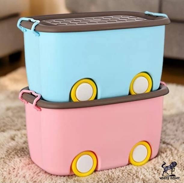 WHITE PONY Plastic 25L Kids Toy Storage Box with Wheels & Lid Stackable Organizer (Multicolor) Storage Basket