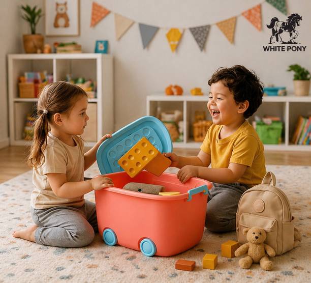 WHITE PONY Plastic Multi Colour Kids Toy Storage Box with Wheels Lid Stackable Organizer Storage Basket