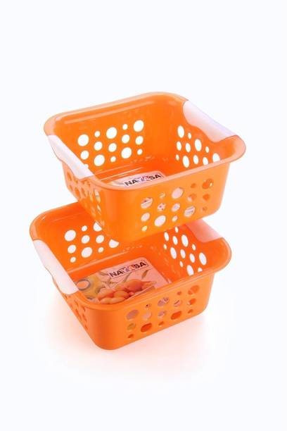 NAYASA Plastic Spotty Fruit Basket No. 1 Set of 2, Plastic Fruit Basket For Kitchen, Orange Storage Basket