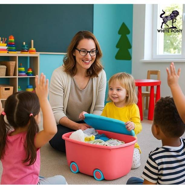 WHITE PONY Plastic Kids Toy Organizer Box with Wheels & Lid Stackable Storage Multicolor Storage Basket
