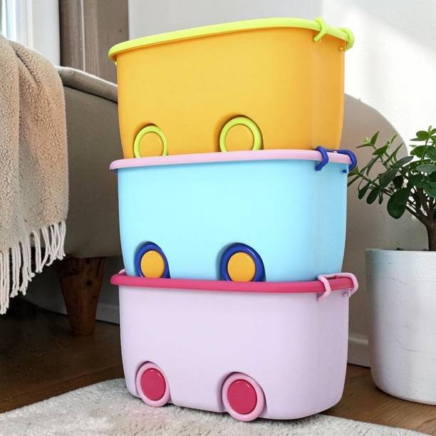 WHITE PONY Plastic Kids Toy Box Organizer with Wheels Lid Multi Colour Storage Box Storage Basket