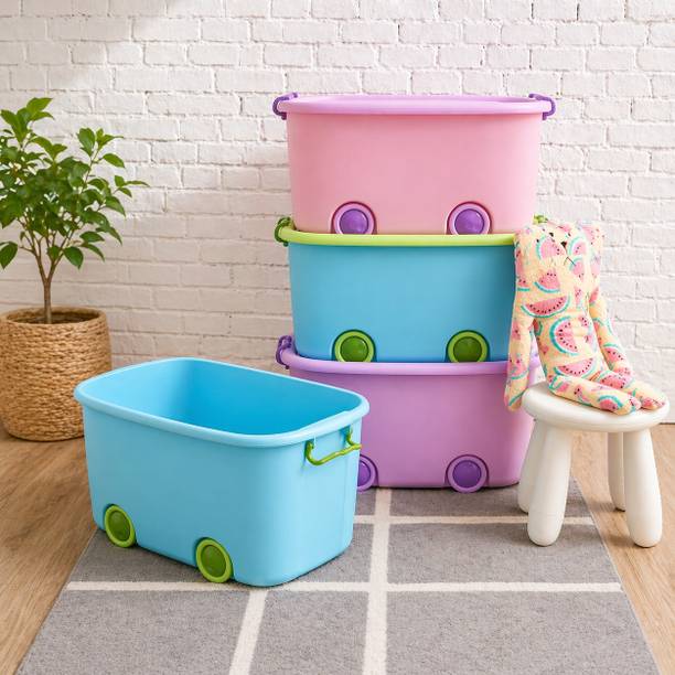 WHITE PONY Plastic Multi Colour Toy Storage Box for Kids with Wheels & Lid Organizer Storage Basket