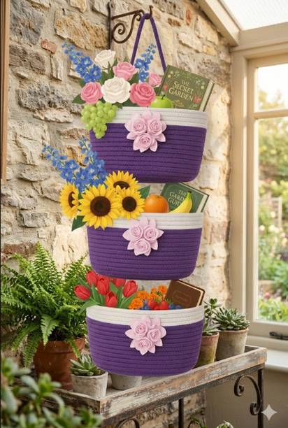 Handcrafted Cotton 3-Tier Handmade Purple Crochet Hanging Storage Basket with Fl