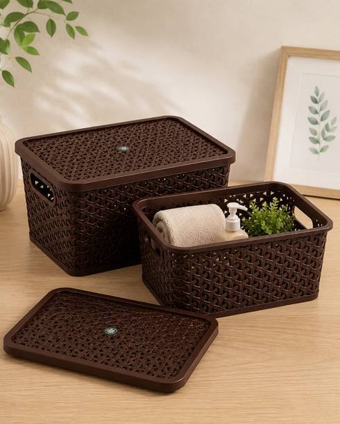 Eco Plastic Plastic 2 Pcs Small Storage Basket Combo with Lid Storage Basket