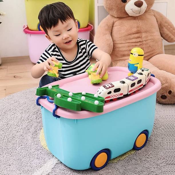 VishwasPoly Plastic Kids Toy Box 25L Storage Box with Lid Wheels Space Saving Multi Colour Storage Basket