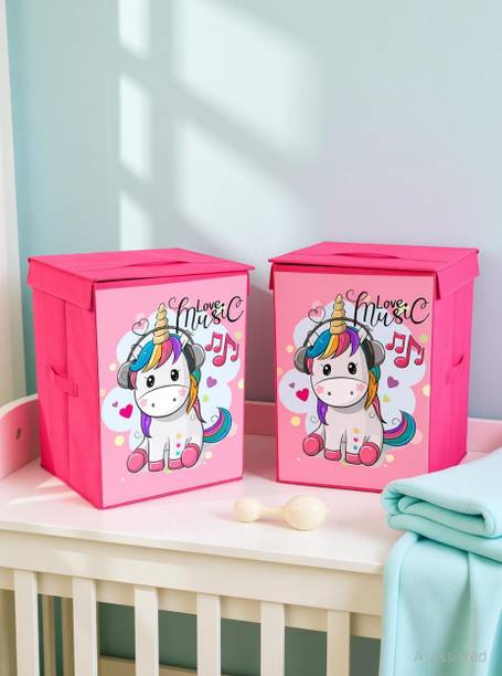 PrettyKrafts Toys Organizer Storage Box with Top Lid for Baby Boy's and Baby Girl's (Pack of 2) Unicorn Print Storage Box