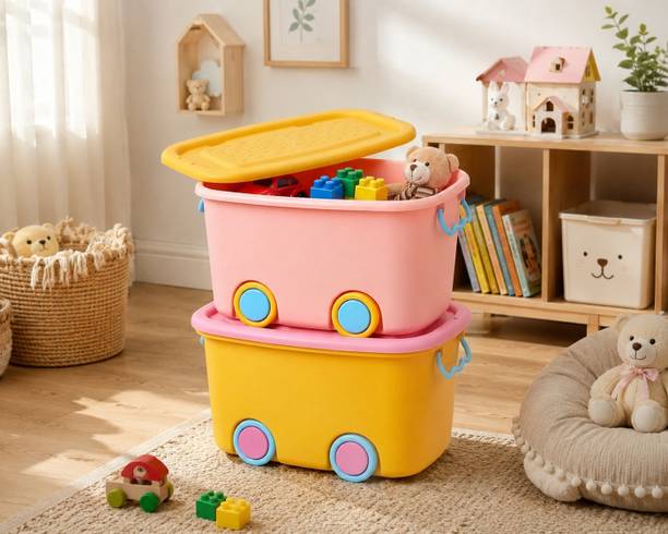 VAMA Kids Toy Organizer Box with Wheels & Lid,Toys,Books,Clothes&Baby Essentials Storage Box