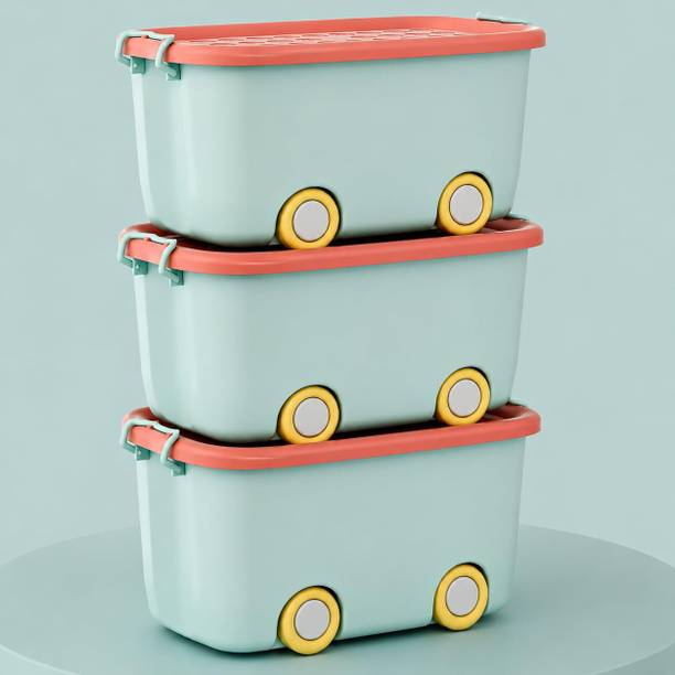 JD FRESH 25 Litre Pack 3 Rolling Toy Storage Box/Car-Shaped and Plastic Wheels & Handle Storage Box