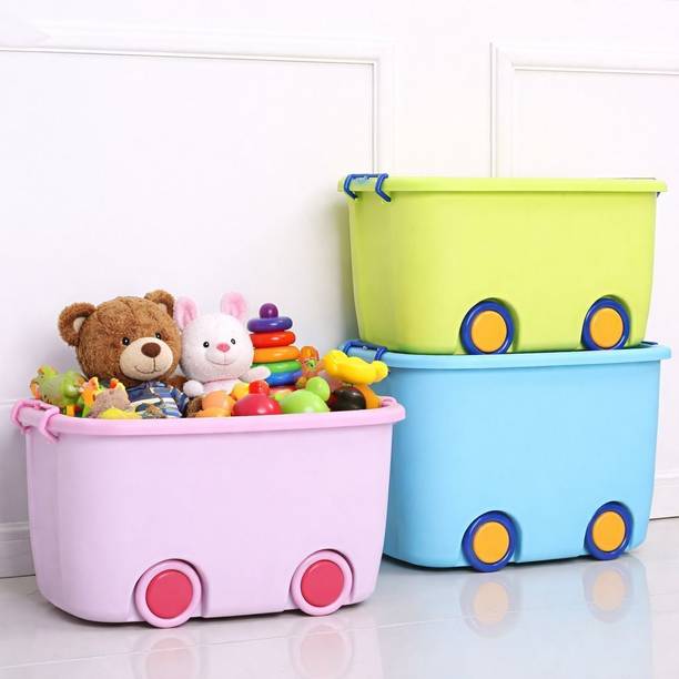 WONJU Kids Toy Storage Box with Lid and Wheels, Plastic Toy Organizer Bin Storage Box