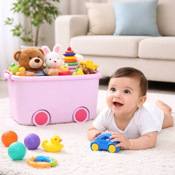 Dr. Mashur Plastic Toy Storage Box with Wheels and Lid Kids Organizer Bin for Playroom Storage Box