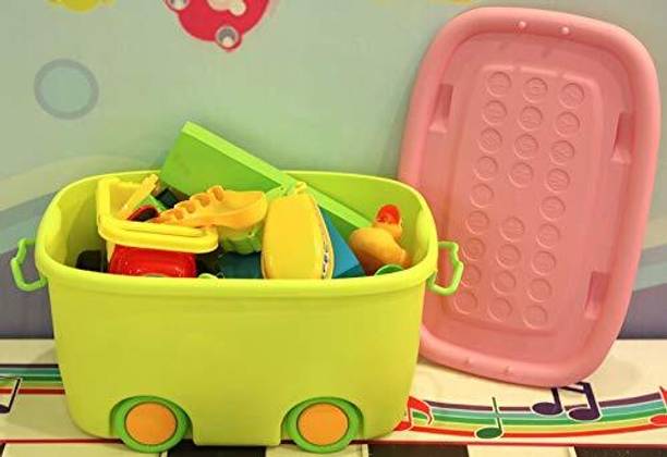 VishwasPoly Plastic Multi Colour Kids Toy Box 25L with Wheels Lid Durable Stackable Box Storage Basket