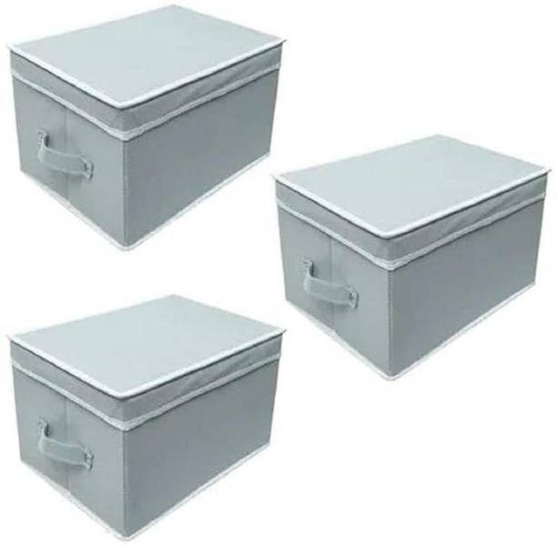 uhi Non-Woven Solid Foldable Storage Box/Bin Organizer Multi-Utility Wardrobe Organiser with Lid & Handles, For Kids, Books, Magazines, Clothes (Combo of 3)