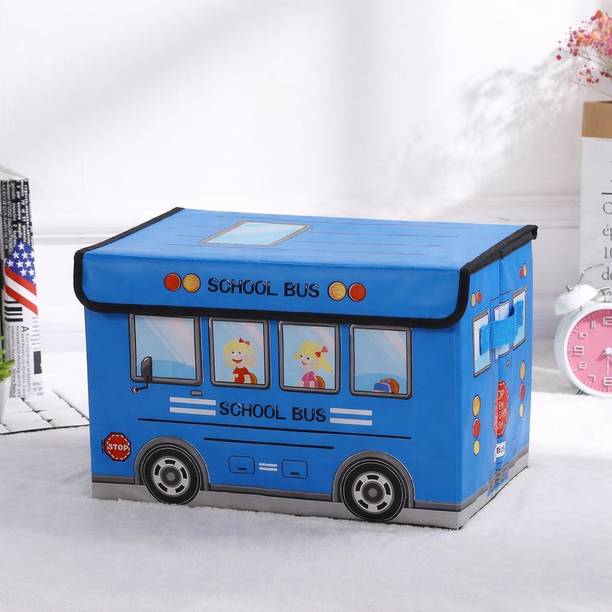 SONAESSENTIAL Kids School Bus Shape Storage Box with Lid Cum Sitting Stool Cum Playing Toy Storage Box
