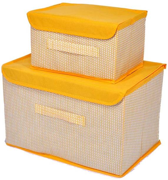 Mteaser Foldable Drawer Rectangular Storage Box with Lid & Handle Closet Organizer Set 2 Storage Box