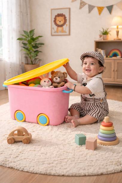 VAMA Kids Toy Storage Box with Wheels & Lid – Plastic Organizer Bin Storage Box