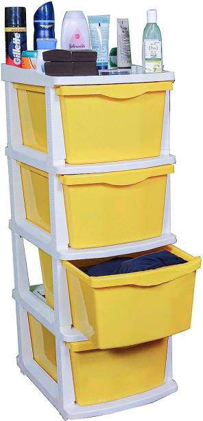 PARASNATH Boxo 4 Layer (Yellow Colour) Multi-Purpose Modular Drawer Storage with Wheels Plastic Free Standing Cabinet