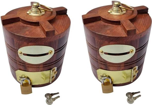 PRIME HOMES Handicraft Handmade Wooden Piggy Bank Gullak with Lock-set of 2 Storage Box