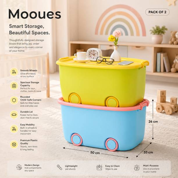 Mooues Kids Toy Storage Box with Wheels & Lid, 25L Multipurpose Organizer Bin Storage Box