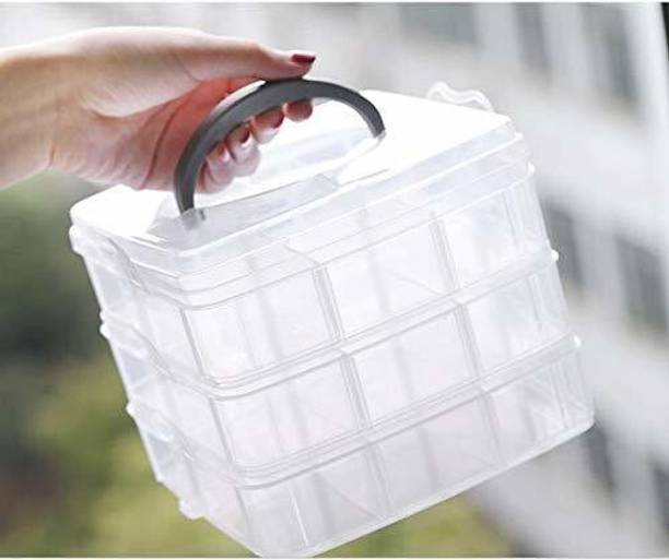 जीजीक्स 3 Layers 18 Grid Plastic Transparent Jewelry Storage Box Portable Jewelry Box Accessories for Earrings Ring mekeup, Jewelry Vanity Box (White) मेकअप, ज्वेलरी वैनिटी बॉक्स