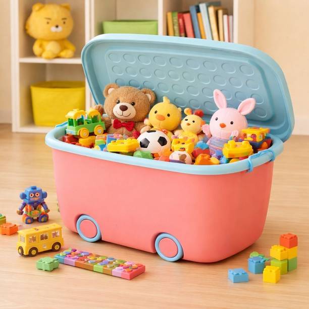 WONJU Kids Toy Storage Box with Lid and Wheels, Plastic Toy Organizer Bin Storage Box