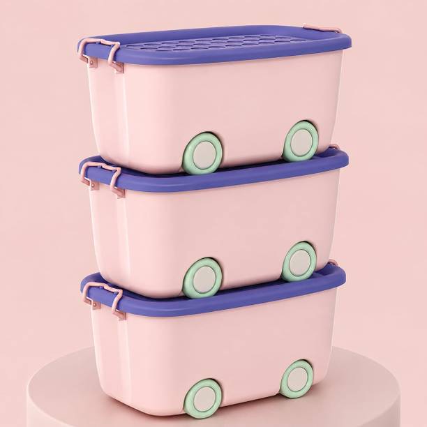 clicklance 3Pcs Kids Toy Storage Box with Wheels & Lid – Plastic Organizer Bin Storage Box Storage Box