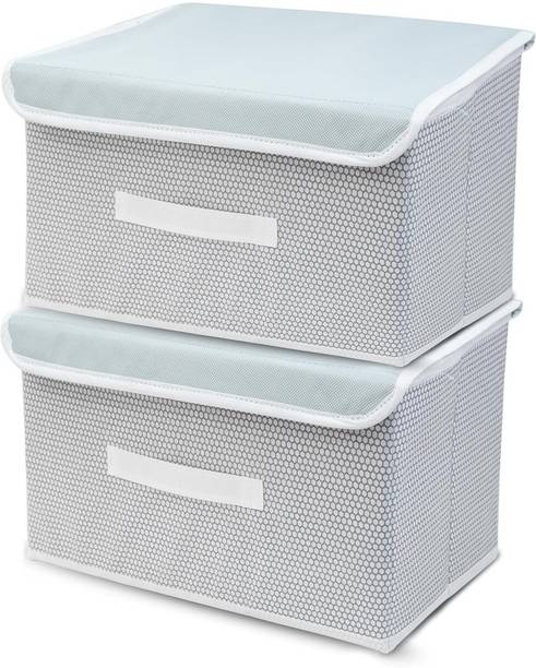 QUAIL Set of 2 Large Non Woven Foldable Storage Box Closet Organizer with Lid & Handle Storage Box