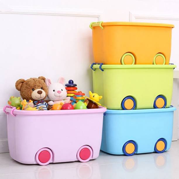 WONJU Kids Toy Storage Box with Lid and Wheels, Plastic Toy Organizer Bin Storage Box