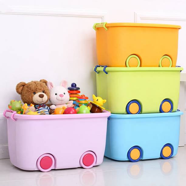 Dr. Mashur Plastic Toy Storage Box with Wheels and Lid Kids Organizer Bin for Playroom Storage Box