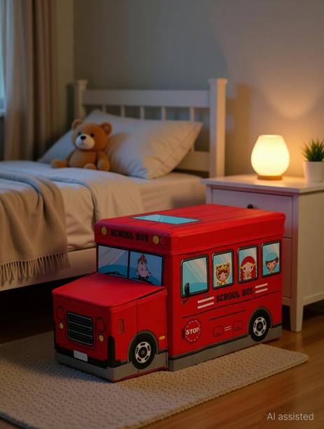 Inditradition Kids School Bus Shape Storage Box with Lid Cum Sitting Stool Cum Playing Toy Storage Box