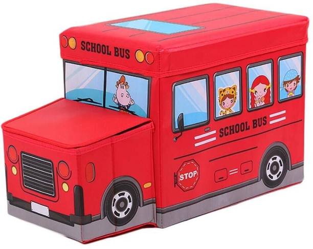 Inditradition Kids School Bus Shape Storage Box with Lid Cum Sitting Stool Cum Playing Toy Storage Box
