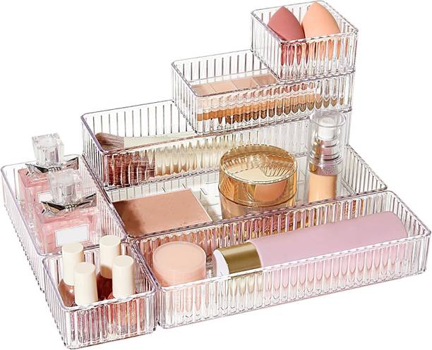 PROTOWARE 7 Pcs Makeup Drawer Organizer Tray - Cosmetic Organiser Containers , Storage Box for Dressing Table Vanity Box Transparent