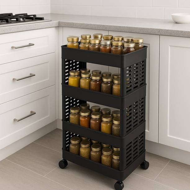 Surety for Safety Spice Rack plastic Trolley With 4 Compartment And Tiers Plastic Kitchen Cabinet
