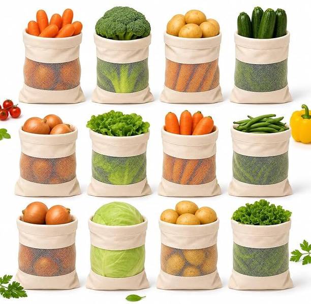smart living essentials Cotton Mesh Vegetable Storage Bags for Fridge & Breathable Eco-Friendly Grocery Cotton Storage Pouch