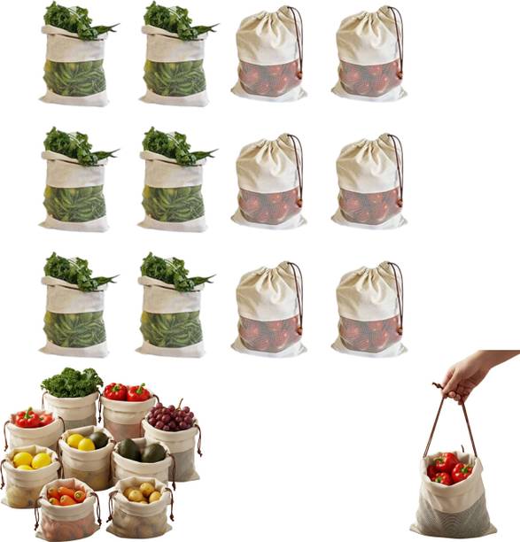 Nature Maa Reusable Cotton & Mesh Net Produce Pouches Vegetable Bags for Refrigerator Cotton Storage Pouch