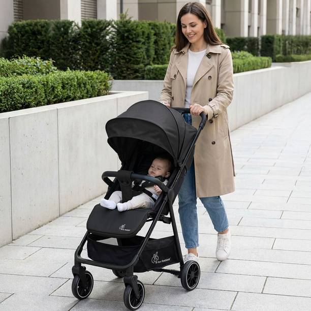 R for Rabbit Poppins Neo Stroller | 5 Point Safety Harness | One-Hand Fold | Pure Black Stroller