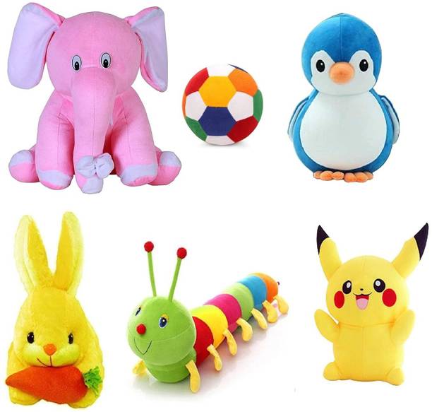 R k Lovely Pink Elephant, Ball, Penguin, Yellow Rabbit with Carrot, Caterpillar Combo Gift  - 30 cm