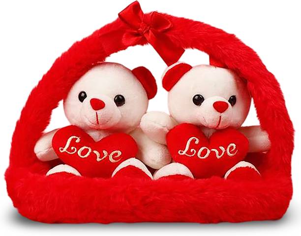Nyaara Plush Couple Teddy Bear in Basket Valentine Gift for Wife Husband & Girlfriends  - 25 cm