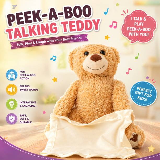 Kezam Peek-a-Boo Talking USB Teddy Bear – Interactive Plush Toy for Babies - 15 cm