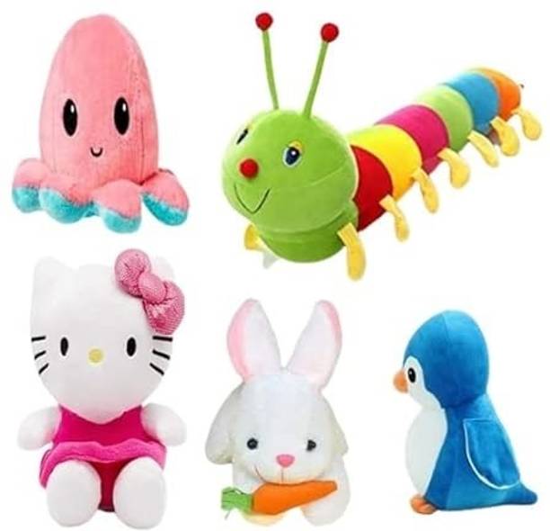 R k Lovely Combo of 5 Optopus, Caterpiller, Rabbit, Penguin & Kitty for Cute Kids Baby  - 30 cm