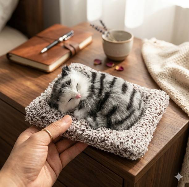 OINM Cute Sleeping Cat Carpet Silicone Toy Meow Sound Gift Kids Car Dashboard Grey - 14 cm