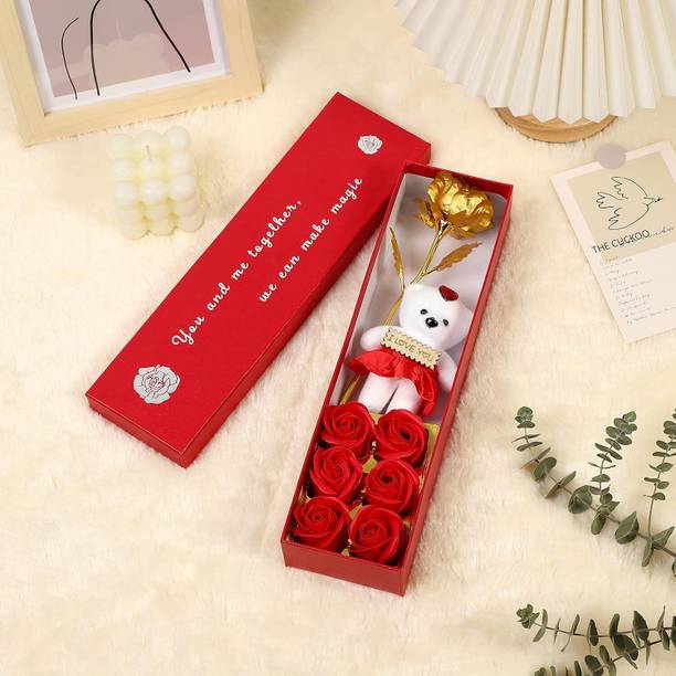 PARTY MIDLINKERZ Artificial Flower & Teddy Gift Box Gold Rose with Romantic,I Love You Teddy Bear  - 15 mm