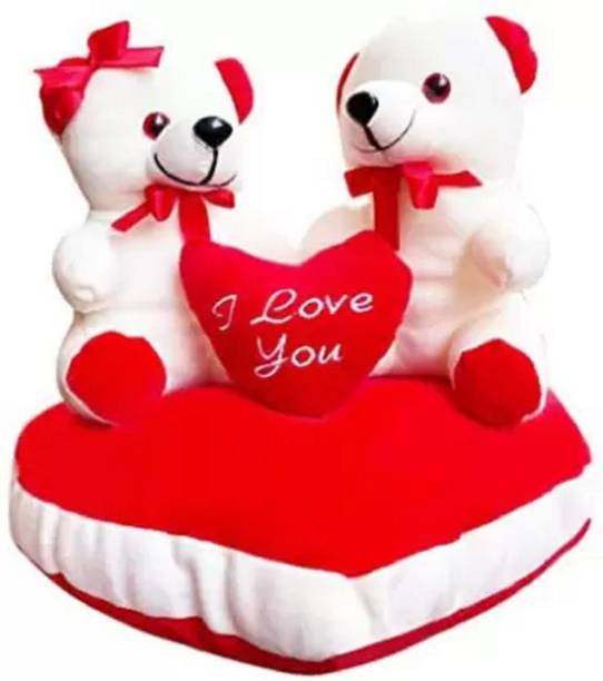 Zexsazone Soft Teddy Bear Couple Sitting on Red Love Heart Soft Toy  - 19 cm