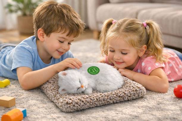 Bogenlite Sleeping Cat Stuffed Animal Fur Soft Toys with Sound for Kids - 25 cm