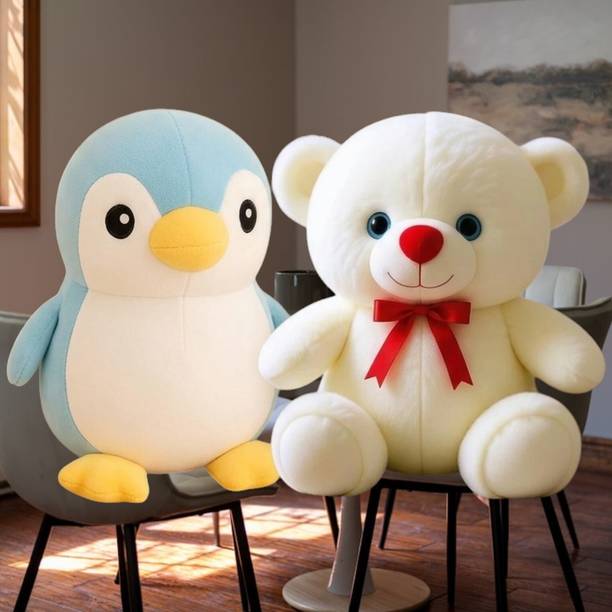 Polyhug "Pack of 2 Soft Toys Combo - Premium Penguin & White Teddy Bear with Red Bow  - 30 cm
