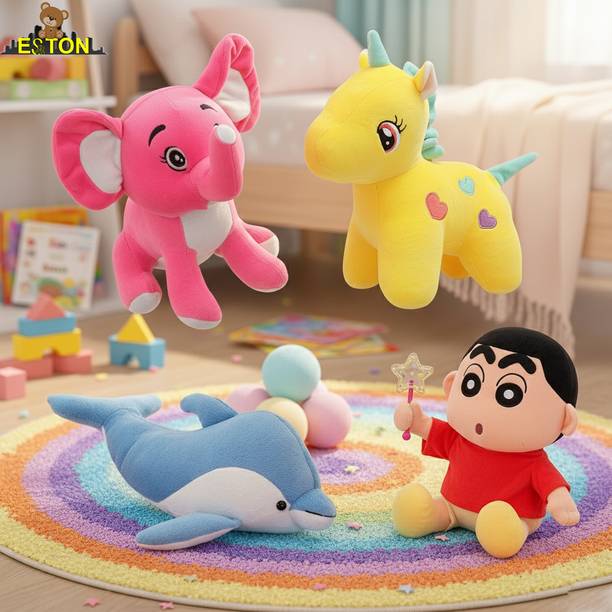 eston Combo of Elephant, Unicorn, Dolphin and Shinchan Soft Toys for Girls/Boys/Kids/  - 25 cm