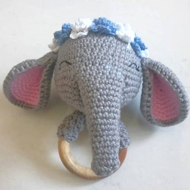 Shivabharat crafts Handmade Crochet Elephant Rattle Toy -Amigurumi Soft Toy,Babies & Nursery Play - 8 cm