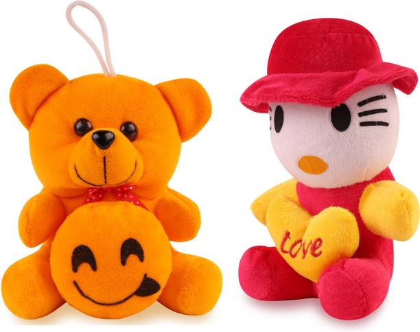 A.K. Soft Toys Smiley Teddy And Cap Kitty Good Looking Stuffed Toy Cap Kitty - 25 And Teddy  - 20 cm