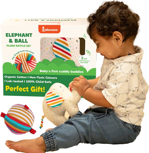 Shumee Plush Ele & Ball Rattle Combo Baby Toys for 0 to 3 Year Sensory Set  - 10 inch