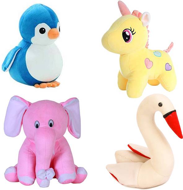 TITLEE Soft Toys combo for kids of 4 toys / Unicorn Penguin Pink Elephant and Swan  - 28 cm